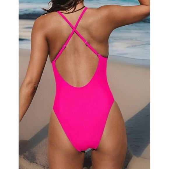 Cupshe Women’s Medium One Piece Swimsuit Hot Pink Plunge V Neck Crisscross Back - Picture 2 of 8